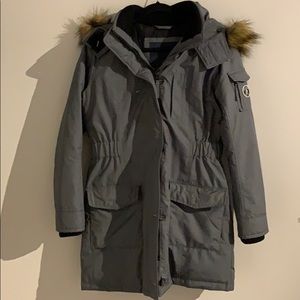 Gray parka with faux fur hood